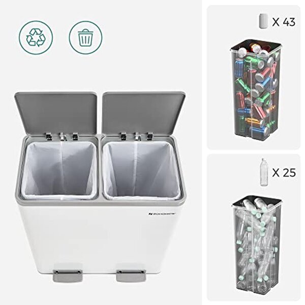 Dupla szemetes, fém szelektív hulladékgyűjtő 15 szemeteszsákkal, 2 × 30 L, fehér–szürke