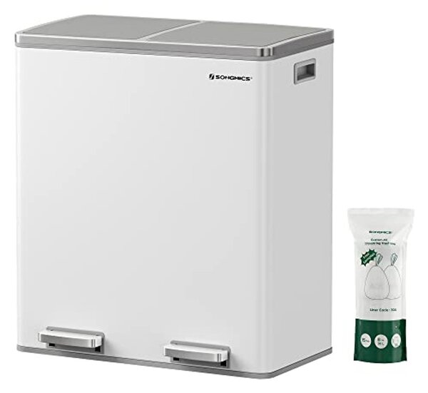 Dupla szemetes, fém szelektív hulladékgyűjtő 15 szemeteszsákkal, 2 × 30 L, fehér–szürke