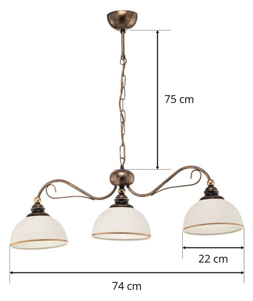Jupiter Casale függesztett lámpa, 3 izzós, hossza 74 cm, dimmelhető, Bronz / antik sárgaréz, Nappali / Étkező, fém, Antik