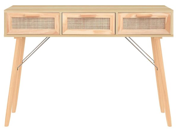 Barna tömör fenyő és természetes rattan kisasztal 105x30x75 cm