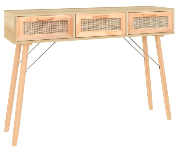 Barna tömör fenyő és természetes rattan kisasztal 105x30x75 cm