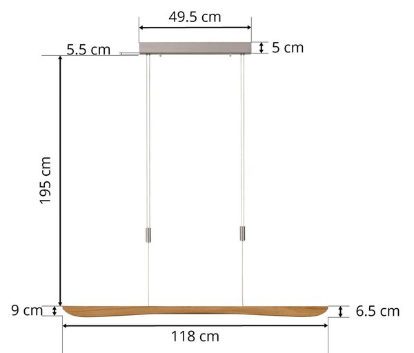 Quitani Hiba LED-es függőlámpa, natúr tölgyfa, hossza 118 cm, dimmelhető, Világos fa, Nappali / Étkező, Fa, Modern