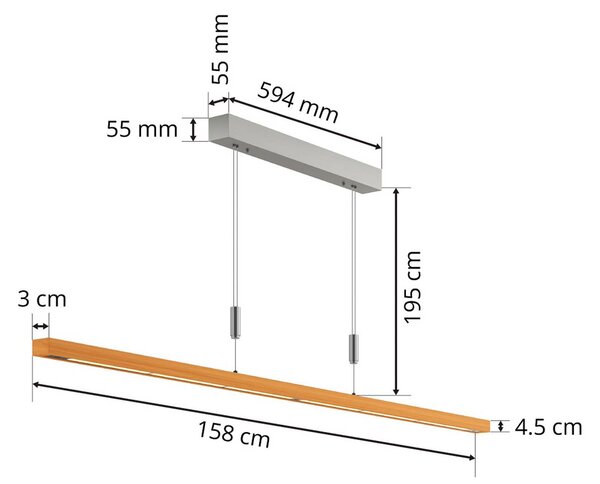 Quitani LED függő lámpa Nora, természetes tölgy, hossza 158 cm, dimmelhető, Világos fa, Nappali / Étkező, Fa, Modern