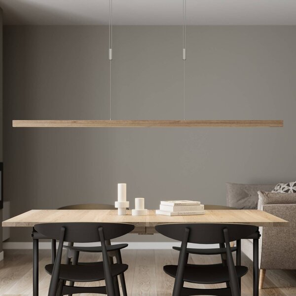 Quitani LED függő lámpa Nora, természetes tölgy, hossza 158 cm, dimmelhető, Világos fa, Nappali / Étkező, Fa, Modern