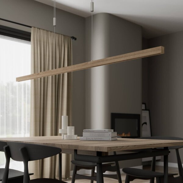 Quitani LED függő lámpa Nora, természetes tölgy, hossza 158 cm, dimmelhető, Világos fa, Nappali / Étkező, Fa, Modern
