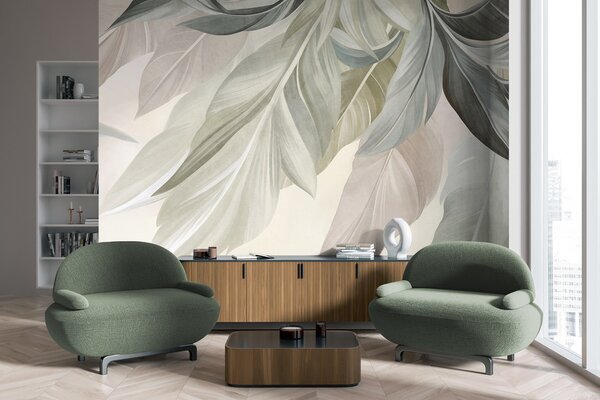 Fotótapéta Trópusi, nagy, halványzöld, bézs és rózsaszín levelek, világos, texturált háttér, Fotótapéta egyedi, w10054 : Uwalls.hu