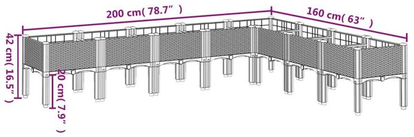 VidaXL szürke PP rácsos kerti ültetőláda 200 x 160 x 42 cm