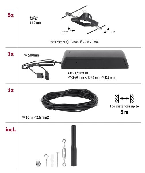 Paulmann Wire Mac II kábelrendszer, 5 izzós, m, fekete, Fekete, Folyosó, fém, Modern