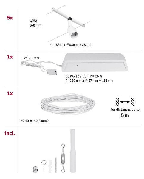 Paulmann Wire Salt kötélrendszer, 5-ágú 5 m fehér, Fehér / opál, Folyosó, fém, Modern