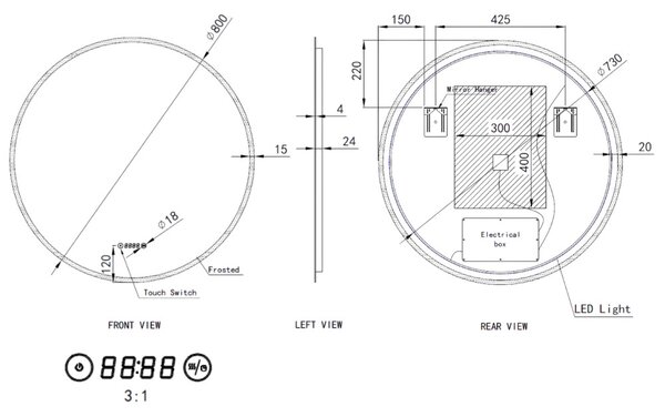 Ø80cm kerek Led tükör fürdőszobába | Páramentesítő - Óra - Fényerő + színhőfok állítás