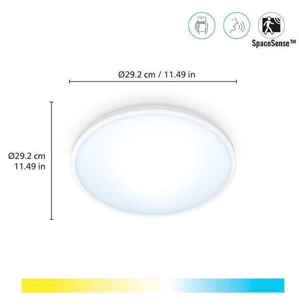 WiZ SuperSlim LED mennyezeti lámpa CCT Ø29cm fehér, dimmelhető, Fehér / opál, Nappali / Étkező, Műanyag, Modern
