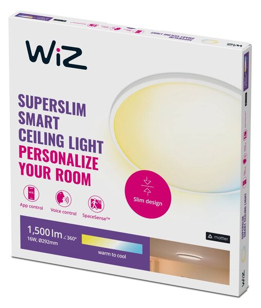 WiZ SuperSlim LED mennyezeti lámpa CCT Ø29cm fehér, dimmelhető, Fehér / opál, Nappali / Étkező, Műanyag, Modern