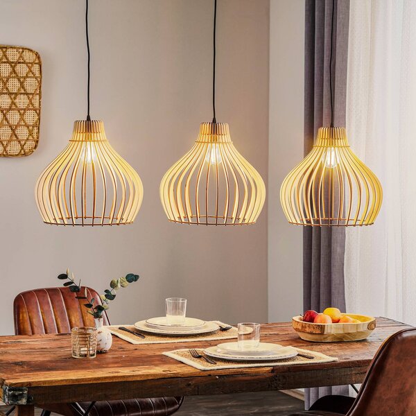 TEMAR LIGHTING Lógó világítás Barrel fa árnyékokkal, 3 izzós, hosszú, dimmelhető, Világos fa, Nappali / Étkező, Fa, Vidéki otthon / Rusztikus