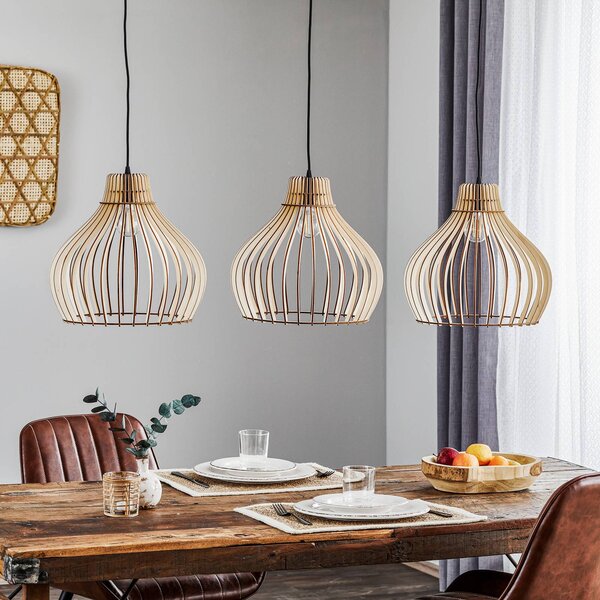 TEMAR LIGHTING Lógó világítás Barrel fa árnyékokkal, 3 izzós, hosszú, dimmelhető, Világos fa, Nappali / Étkező, Fa, Vidéki otthon / Rusztikus