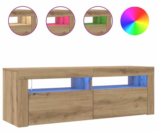 Kézműves tölgy szerelt fa TV-szekrény LED-ekkel 120x35x40 cm