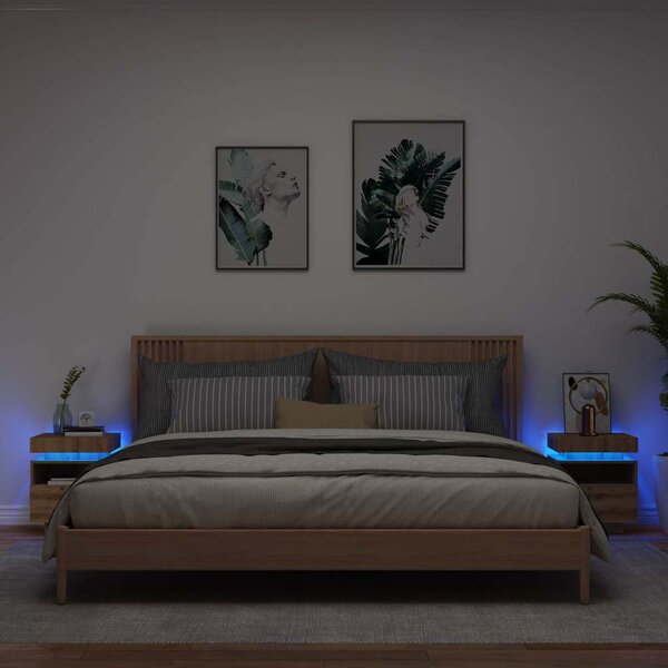 2 db kézműves tölgy éjjeliszekrény LED-fényekkel 40x39x48,5 cm