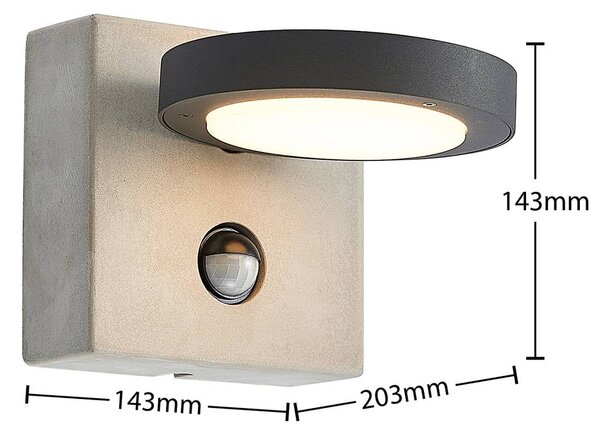 Lucande LED kültéri fali lámpa Belna, beton, érzékelő, IP54, Fekete, Alumínium, Modern