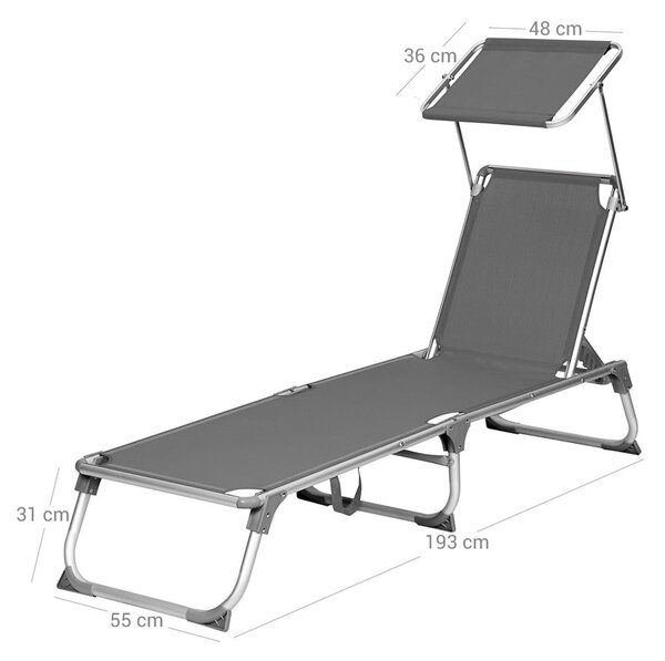 MALIBU kerti napozóágy állítható napellenzővel, 193x55x31cm, szürke SongmicsHome