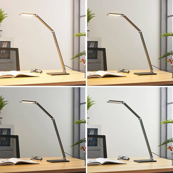 Lucande LED asztali lámpa Mion, 41 cm, szögletes, fényerőszabályozható, dimmelhető, Alu / szürke / cink, Dolgozószoba / Iroda, Alumínium, Modern