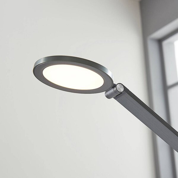 Lucande LED asztali lámpa Mion, 41 cm, kerek, fényerőszabályozható, dimmelhető, Alu / szürke / cink, Dolgozószoba / Iroda, Alumínium, Modern