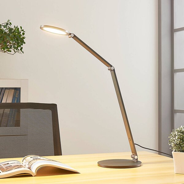 Lucande LED asztali lámpa Mion, 41 cm, kerek, fényerőszabályozható, dimmelhető, Alu / szürke / cink, Dolgozószoba / Iroda, Alumínium, Modern