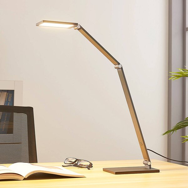 Lucande LED asztali lámpa Mion, 41 cm, szögletes, fényerőszabályozható, dimmelhető, Alu / szürke / cink, Dolgozószoba / Iroda, Alumínium, Modern