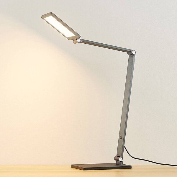 Lucande LED asztali lámpa Mion, 41 cm, szögletes, fényerőszabályozható, dimmelhető, Alu / szürke / cink, Dolgozószoba / Iroda, Alumínium, Modern