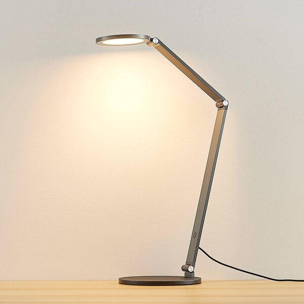 Lucande LED asztali lámpa Mion, 41 cm, kerek, fényerőszabályozható, dimmelhető, Alu / szürke / cink, Dolgozószoba / Iroda, Alumínium, Modern