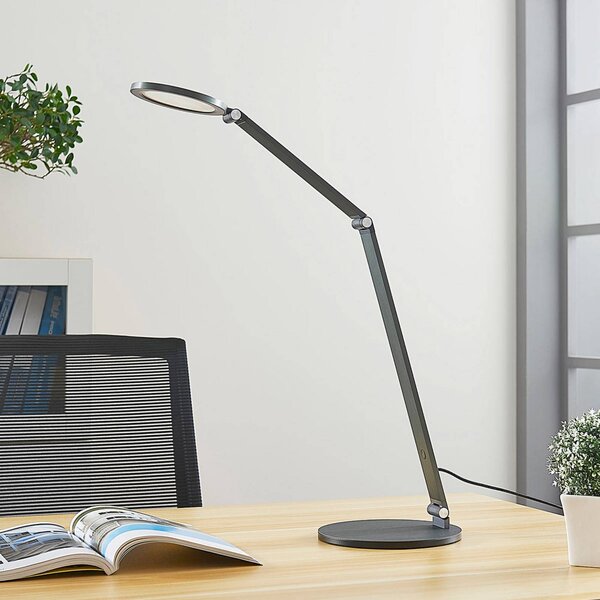 Lucande LED asztali lámpa Mion, 41 cm, kerek, fényerőszabályozható, dimmelhető, Alu / szürke / cink, Dolgozószoba / Iroda, Alumínium, Modern