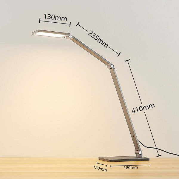 Lucande LED asztali lámpa Mion, 41 cm, szögletes, fényerőszabályozható, dimmelhető, Alu / szürke / cink, Dolgozószoba / Iroda, Alumínium, Modern