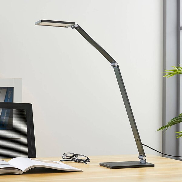 Lucande LED asztali lámpa Mion, 41 cm, szögletes, fényerőszabályozható, dimmelhető, Alu / szürke / cink, Dolgozószoba / Iroda, Alumínium, Modern