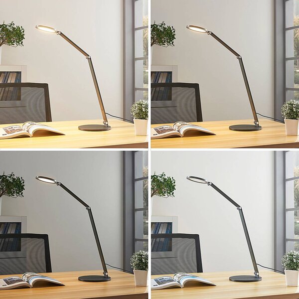 Lucande LED asztali lámpa Mion, 41 cm, kerek, fényerőszabályozható, dimmelhető, Alu / szürke / cink, Dolgozószoba / Iroda, Alumínium, Modern