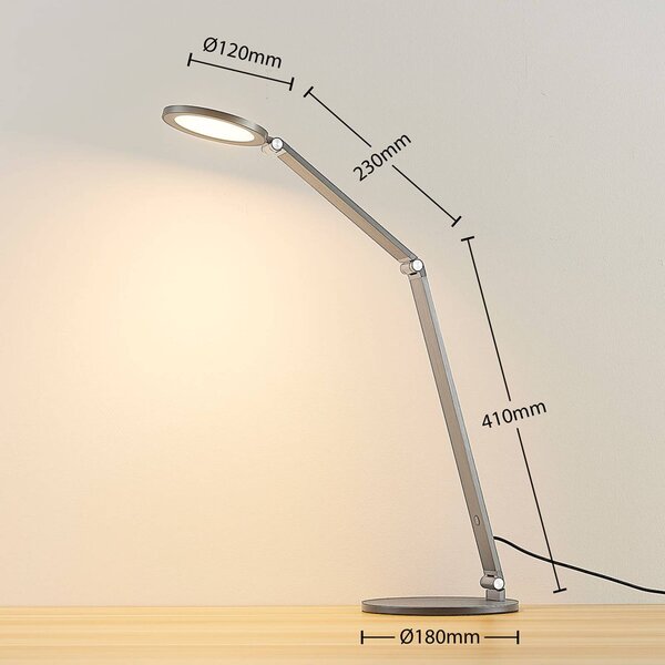 Lucande LED asztali lámpa Mion, 41 cm, kerek, fényerőszabályozható, dimmelhető, Alu / szürke / cink, Dolgozószoba / Iroda, Alumínium, Modern