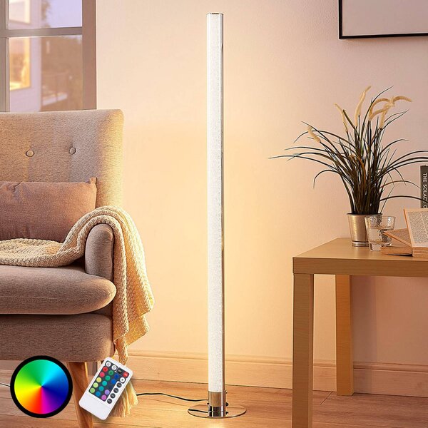 Lindby LED álló lámpa Hadis, RGB, távirányító, fehér, 120 cm, dimmelhető, Króm / ezüst, Nappali / Étkező, Műanyag, Modern