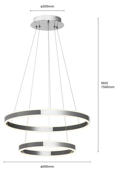 Lucande LED-es Lyani függőlámpa, 60 cm, 2 lámpás, króm, fényerőszabályzóval,, dimmelhető, Króm / ezüst, Nappali / Étkező, fém, Modern