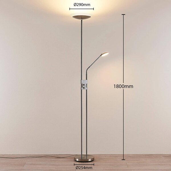 Lindby LED álló lámpa Jonne, kerek, olvasókar, dimmelhető, 180 cm, dimmelhető, Alu / szürke / cink, Nappali / Étkező, fém, Modern