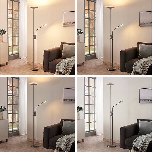 Lindby LED álló lámpa Jonne, kerek, olvasókar, dimmelhető, 180 cm, dimmelhető, Alu / szürke / cink, Nappali / Étkező, fém, Modern