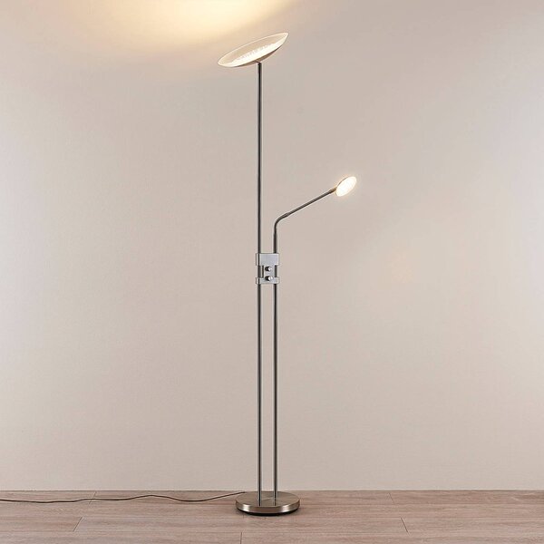Lindby LED álló lámpa Jonne, kerek, olvasókar, dimmelhető, 180 cm, dimmelhető, Alu / szürke / cink, Nappali / Étkező, fém, Modern