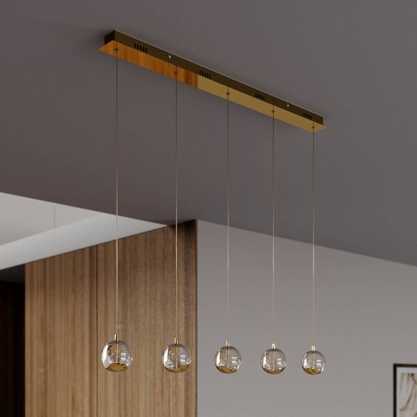 Lucande LED-es függőlámpa Hayley, 96 cm, 5 lámpás, arany, üveg, Tiszta / átlátszó, Nappali / Étkező, Üveg, Modern
