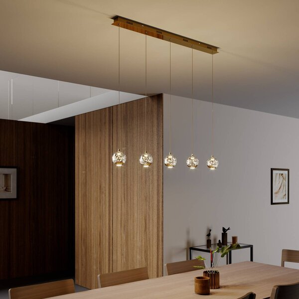 Lucande LED-es függőlámpa Hayley, 96 cm, 5 lámpás, arany, üveg, Tiszta / átlátszó, Nappali / Étkező, Üveg, Modern