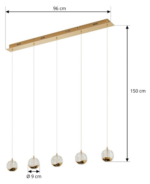 Lucande LED-es függőlámpa Hayley, 96 cm, 5 lámpás, arany, üveg, Tiszta / átlátszó, Nappali / Étkező, Üveg, Modern