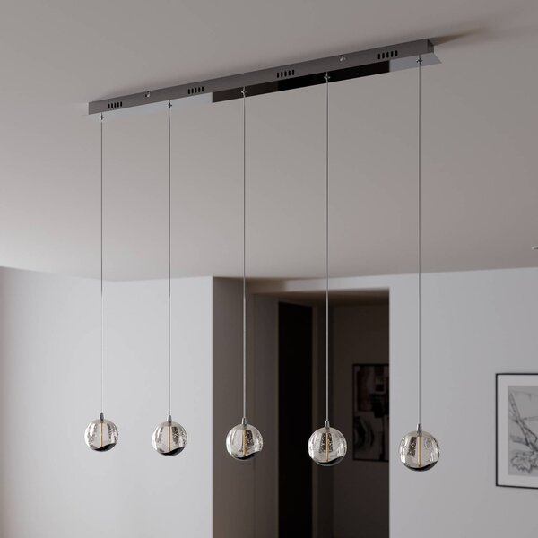 Lucande LED-es függőlámpa Hayley, 96 cm, 5 lámpás, króm, üveg, Tiszta / átlátszó, Nappali / Étkező, Üveg, Modern