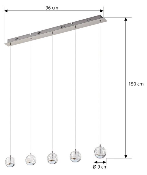 Lucande LED-es függőlámpa Hayley, 96 cm, 5 lámpás, króm, üveg, Tiszta / átlátszó, Nappali / Étkező, Üveg, Modern