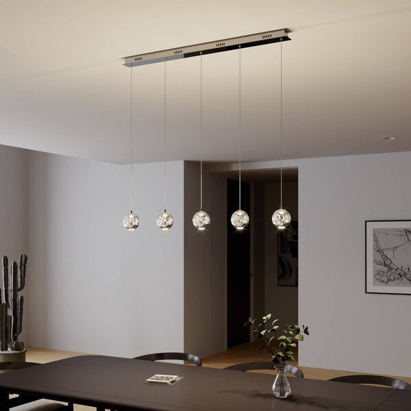 Lucande LED-es függőlámpa Hayley, 96 cm, 5 lámpás, króm, üveg, Tiszta / átlátszó, Nappali / Étkező, Üveg, Modern