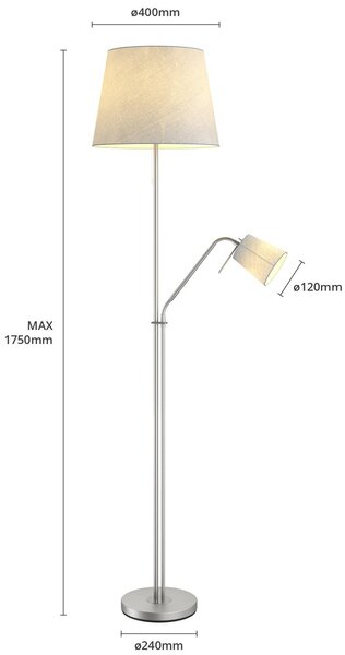 Lindby állólámpa Nantwin, 175 cm, szürke, nikkel, textil, Alu / szürke / cink, Nappali / Étkező, Textil / szövet / selyem, Modern
