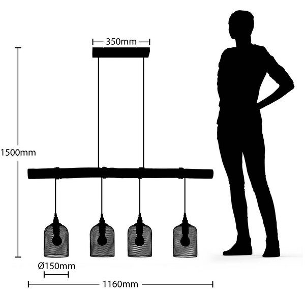Lindby függesztéklámpa Elrond, 116 cm, fekete, 4 lámpás, fa, dimmelhető, Világos fa, Nappali / Étkező, Fa, Vidéki otthon / Rusztikus