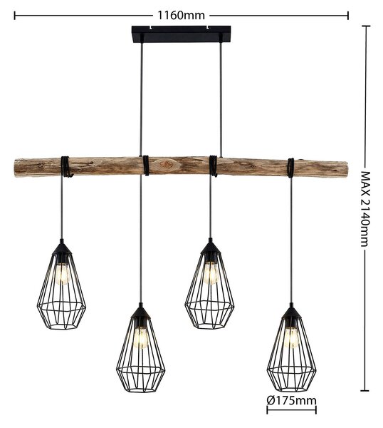 Lindby függőlámpa Eldarion, 116 cm, 4-lámpás, fa, E27, dimmelhető, Világos fa, Nappali / Étkező, fém, Vidéki otthon / Rusztikus