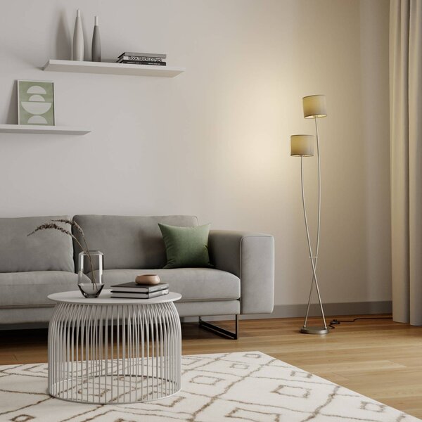 Lucande Juljana álló lámpa, 2 izzós, szövetbúra, Krém / borostyánsárga, Nappali / Étkező, Textil / szövet / selyem, Modern