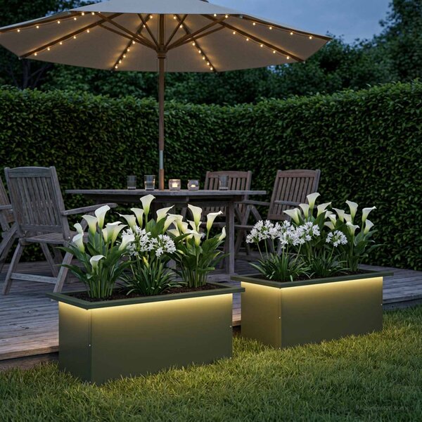 Led-es kerti virágláda 2 db Olajzöld 30 x 60 x 30 cm Acél