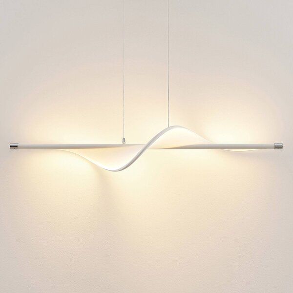 Lucande LED-es függőlámpa Edano, 122 cm, fehér, textil, dimmelhető, dimmelhető, Fehér / opál, Nappali / Étkező, Textil / szövet / selyem, Modern